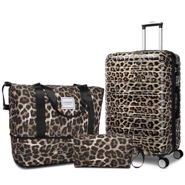LARVENDER Luggage Sets 3 Piece, Hardside 20 IN Carry on Luggage Airline Approved PC+ABS Suitcase Set with Spinner Wheels TSA Lock, Lightweight Rolling Suitcase for Men and Women, Cheetah Print