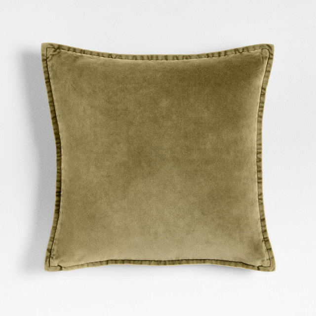 Relaxed Washed Organic Cotton Velvet 20"x20" Moss Green Throw Pillow with Feather Insert
