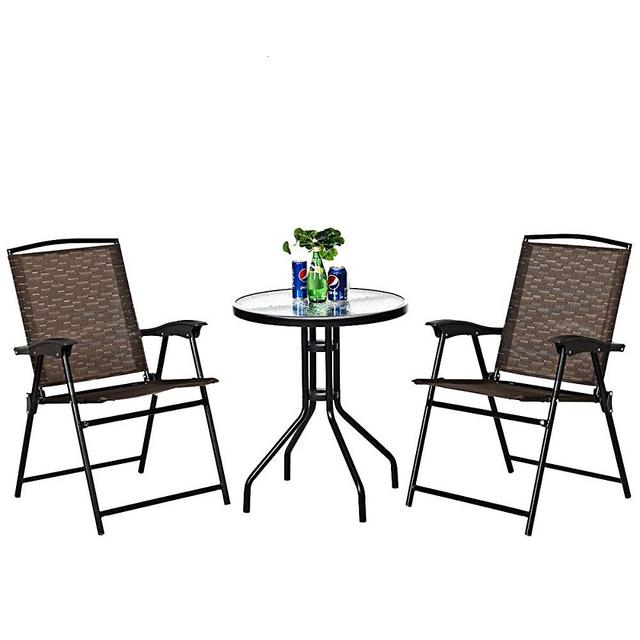 Goplus 3 Piece Bistro Set All Weather Patio Furniture Indoor & Outdoor Garden Round Table and Folding Chairs