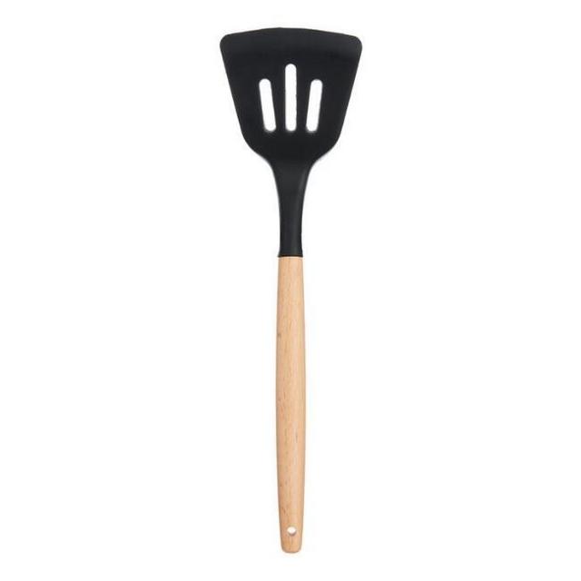 Black Silicone Slotted Turner With Wood Handle