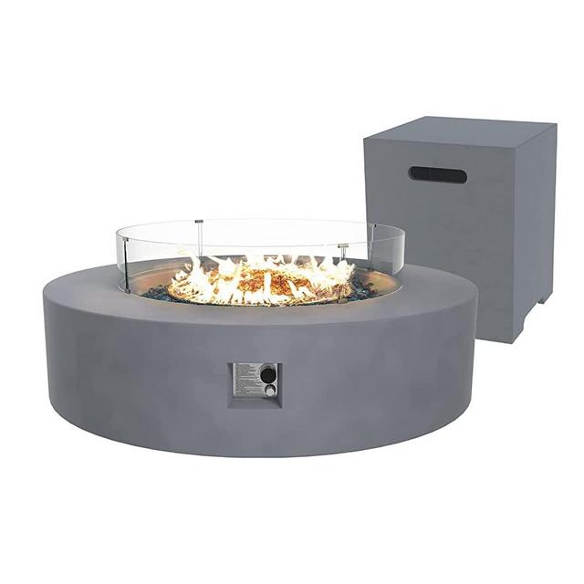 UPHA 42" Patio Propane Gas Concrete Fire Pit Table, Round with Wind Guard and Fire Table Tank, 50000 BTU Auto-Ignition Fire Table, 42" L x 42" W x 13" H, Light Grey