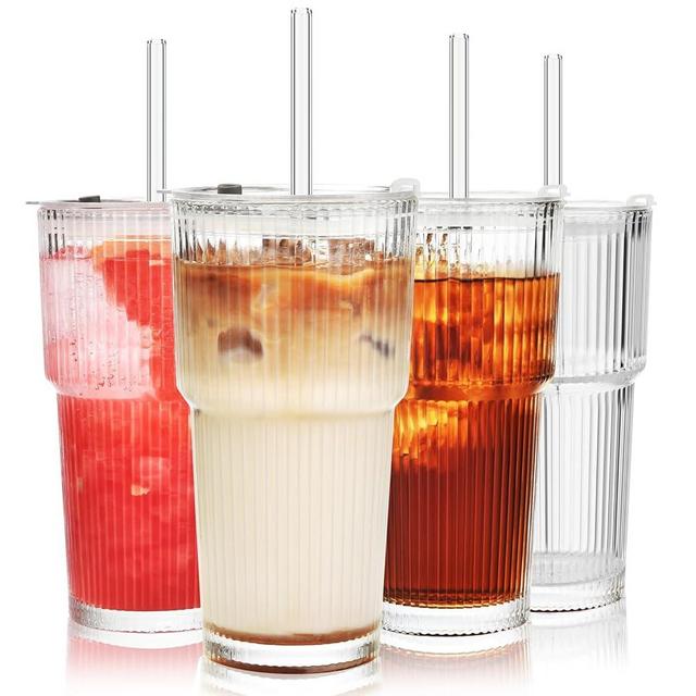 ALINK 20 oz Ribbed Glass Tumblers with Lids and Straws, Ripple Iced Coffee Cups, Thickened Drinking Glasses for Coffee, Smoothies, Cocktail, Juice, Cold Drinks, Pack of 4 - Clear