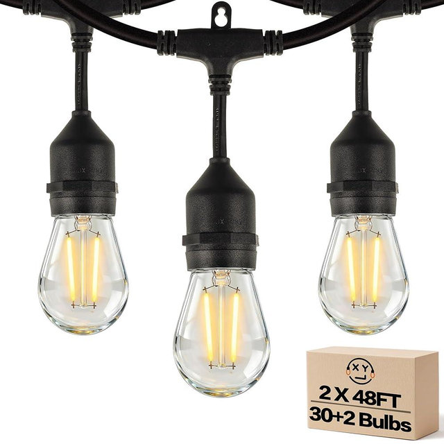 Xylenthia Outdoor String Lights,Super Bright LED - 96FT 30 S14 Bulbs(2 Spare), IP65 Waterproof, Commercial Grade & Shatterproof, Dimmable, UL Listed for Patio, Porch, Backyard, Gazebo (2 Pack 48FT)