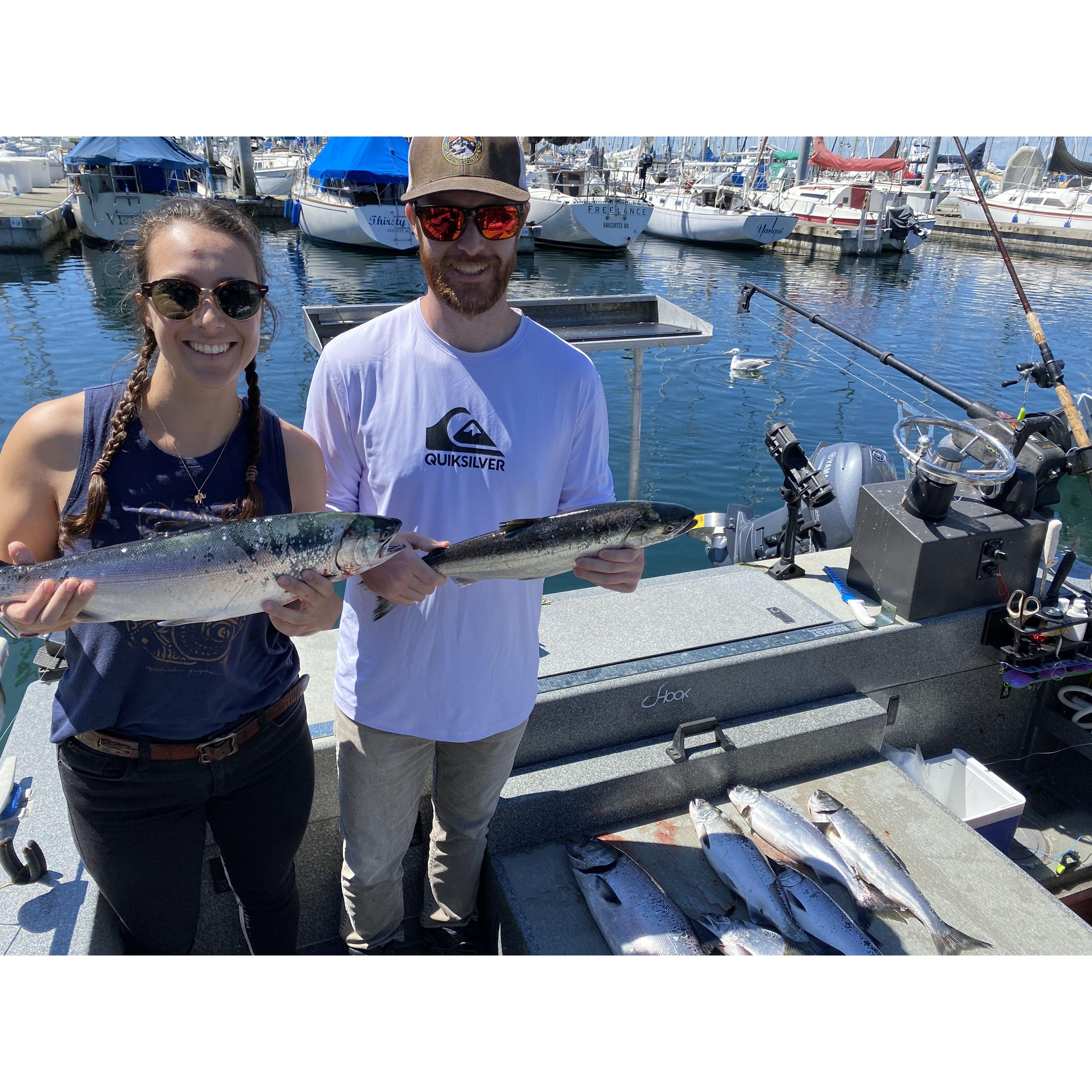 Manon's first time fishing ever! She caught a 6lb Coho Salmon - one week later they would get engaged!