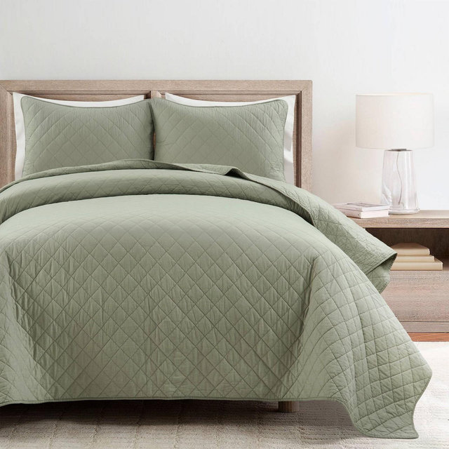 3pc Full/Queen Ava Diamond Oversized Cotton Quilt Set Sage Green - Lush Décor