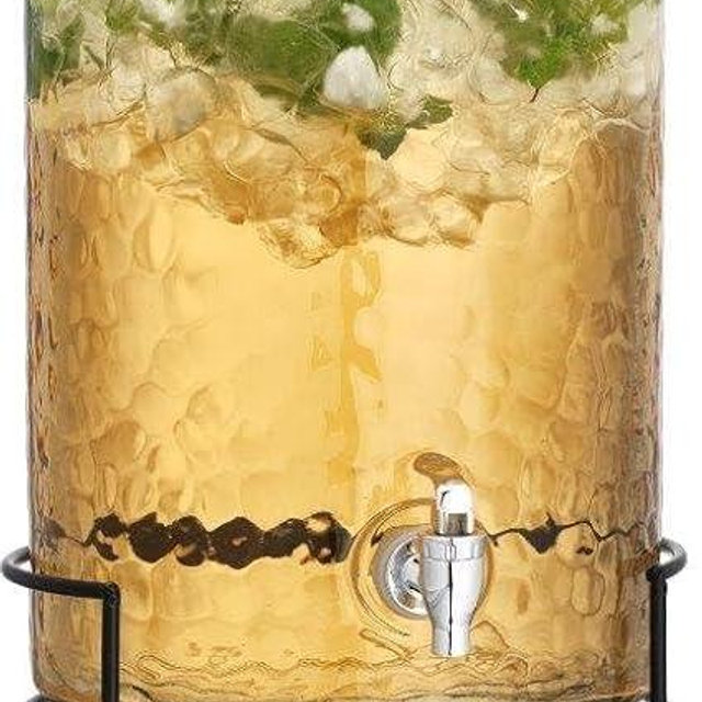 MosJos 3 Gallon Glass Drink Dispenser with Metal Stand & Lid – Hammered Beverage Dispenser with Leakproof Spigot, Wide Mouth for Easy Fill – Ideal for Parties, Lemonade, Iced Tea, Sangria & More