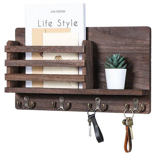 Mail Holder for Wall – Rustic Mail Organizer with Key Hooks for Hallway Kitchen Farmhouse Decor – Letter Sorter Made of Paulownia wood with Floating Shelf and Flush Mount Hardware (16.5” x 10” x 3.2”)