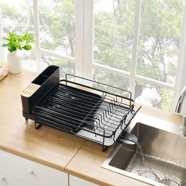 3-Piece Dish Dryer Rack with Expandable Base and Utensil Holder, Black