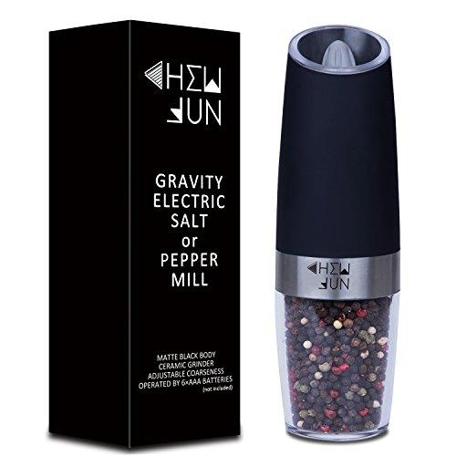 Electric Gravity Pepper Grinder or Salt Mill with Adjustable Coarseness Automatic Pepper Mill Grinder Battery Powered with Blue LED Light,One Hand Opetated,Brushed Stainless Steel by CHEW FUN