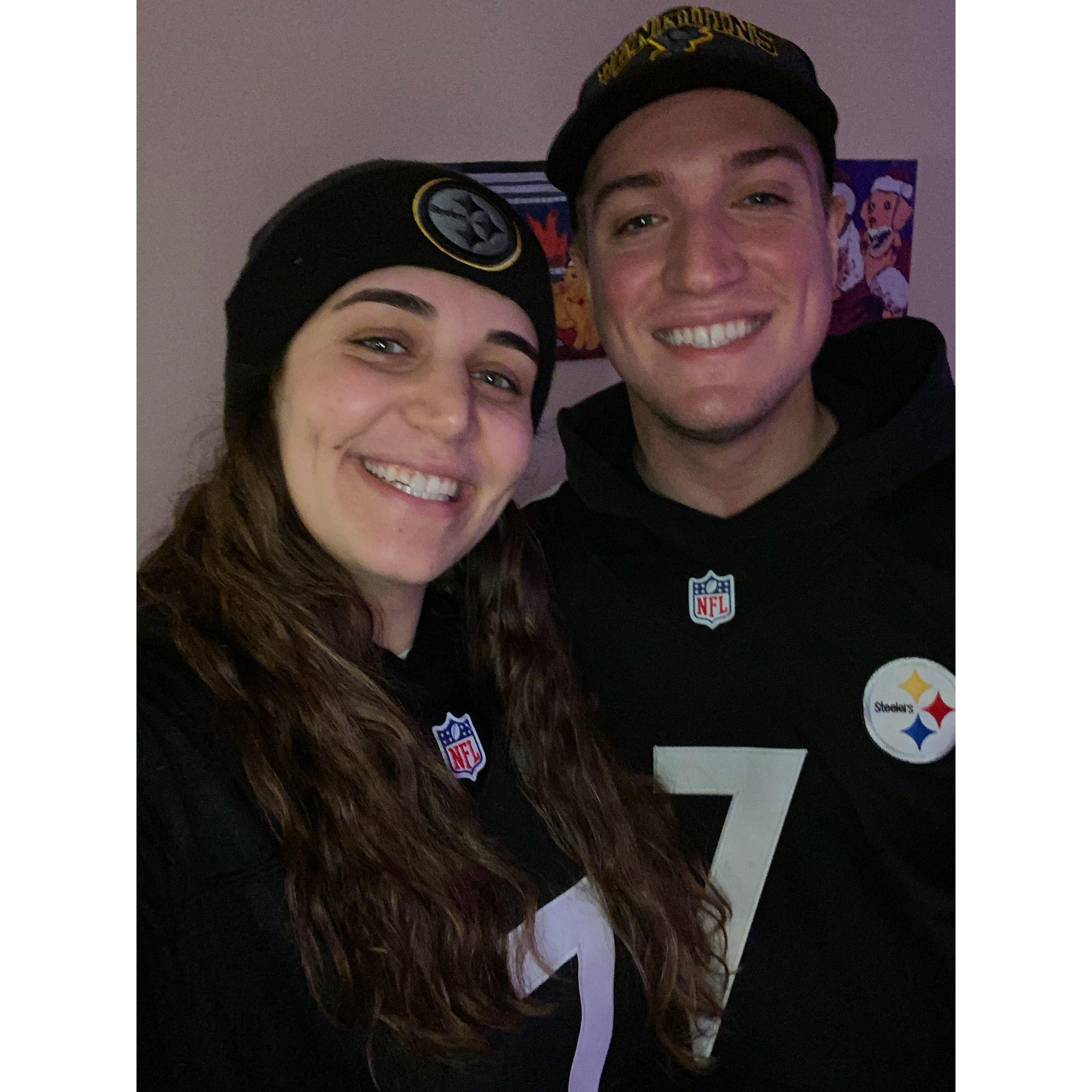 The first of many times Rose made Ian wear a Steelers jersey!
