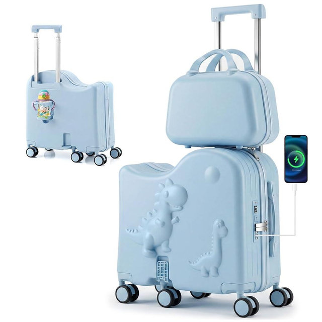 Oakvera Cute Dinosaur Ride-On Luggage Set for Kids, 20" Carry-On Suitcase with 12" Portable Bag, Hardshell Kids Luggage with USB & Type-C Port, Cup Holder, Foldable Footrest, 6 Spinner Wheels Blue