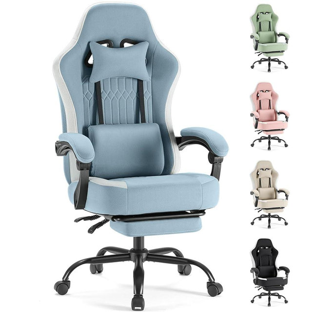 Sweetcrispy Video Game Chair - High Back Ergonomic Computer Desk Chair with Footrest & Lumbar Support, Height Adjustable Task Chair with Linkage Armrests and Headrest, 360° Swivel Wheels, Blue