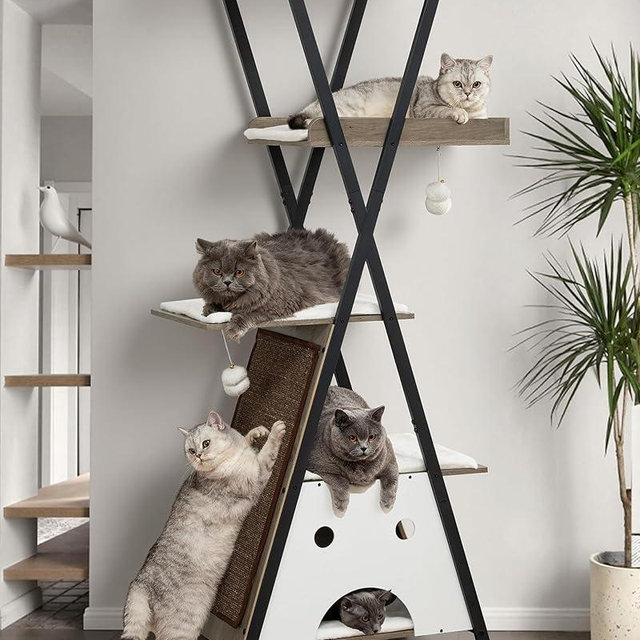 Modern Wood Cat Tree Tower for Indoor Cats Large Adult - 67 Inch Tall Multi-Level Heavy Duty Cat Condo Trees Furniture with Caves Perch Bed Scratching Board - XL Big Sturdy Wooden Kitty Climbing House