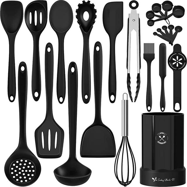 Silicone Kitchen Cooking Utensil Set, Fungun 25 Pcs Kitchen Utensils with Spatula, Spoon, Turner Tongs, Heat Resistant Kitchen Gadgets Tools Set for Nonstick Cookware Black (Dishwasher, BPA Free)
