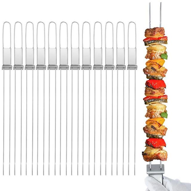 Lucalda Kabob Skewers - 17" 12 Pack Metal Skewers For Kabobs with Push Bar Double Pronged Anti-Roll Flat BBQ Skewers for Grilling Stainless Steel Reusable Kebab Skewers for Meat Shrimp Chicken Veggie