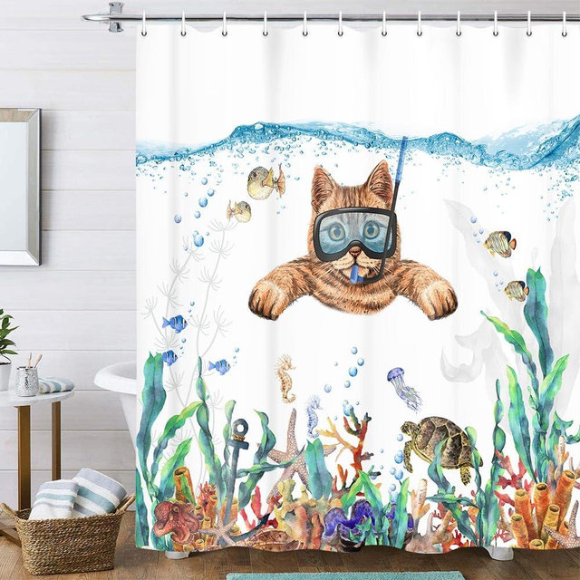 Uokiuki Funny Cat Fabric Shower Curtain for Bathroom, Cool Scuba Diving Cat Tropical Fish Coral Underwater Sea Ocean Animal Shower Curtain Set with Hooks 69 x 70 Inch