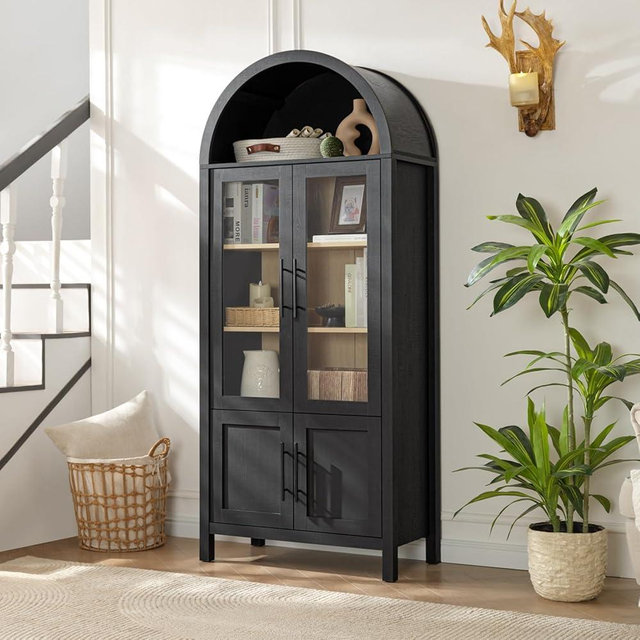 71" Tall Arched Display Cabinet, 5-Tier Bookshelf Modern Farmhouse Arched Bookcase with Glass Doors and Shelves, Wooden Pantry Storage Cabinet for Living Room, Office and Kitchen, Black