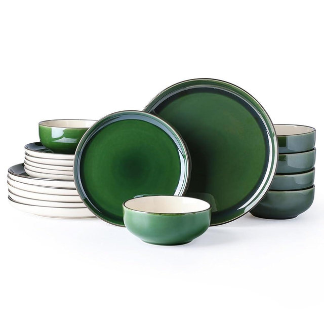 GBHOME Ceramic Dinnerware Sets for 6, 18-Piece Stoneware Plates and Bowls Sets, Emerald Green Chip and Scratch Resistant Dishes, Dishwasher & Microwave Safe