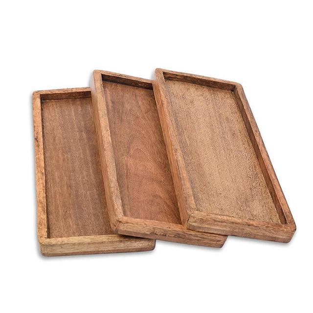 Samhita Mango Wood Serving Platter with Raised Edge -Set of 3 for Display Fruit Snacks Appetizer Sushi Food Decorative (12" x 5" x 0.75")