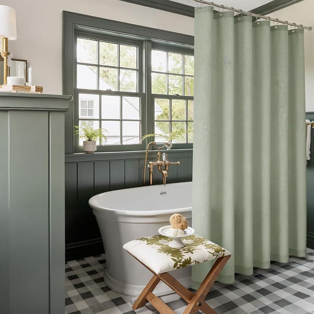 NICETOWN Sage Green Linen Textured Shower Curtain Set Waterproof, Semi Sheer Privacy Farmhouse Fabric Bathroom Decor Curtains with 12 Rustproof Metal Hooks, 72x72 Inch, 1 Panel