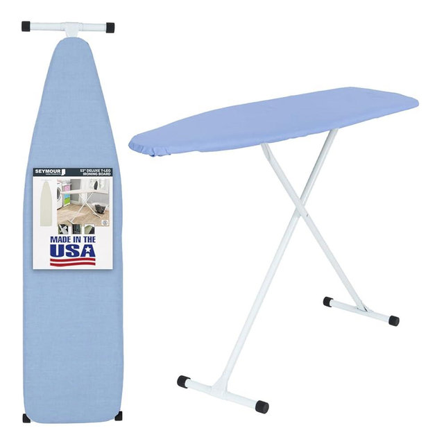 Full Size Ironing Board with Cover & Pad – USA-Made with Enhanced Grip Feet for Extra Stability – Adjustable Steel T-Legs 35" H – Perforated Top – Durable Iron Board for Home Laundry Room Light Blue