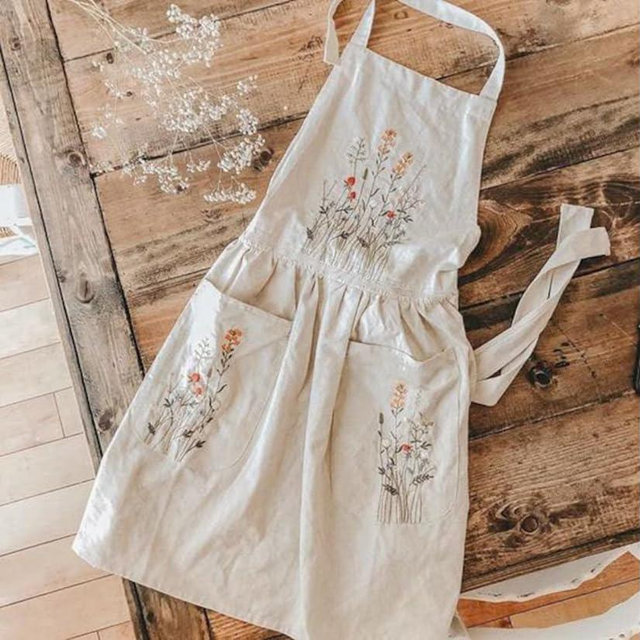 Natural Embroidered Floral Apron, Personalized Hand Embroidered Apron, Embroidery Linen Apron With Flower, Apron With Pocket, Custom Name Apron, Kitchen, Cooking, Florist, Gardening Apron
