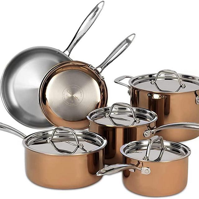 Ciwete Copper Pots and Pans Set, Tri-ply Copper Cookware Set 10 Piece, Three Ply Stainless Steel Cookware Set with Lid, Include 1 Stock Pot, 3 Saucepan, 2 Fry Pan, 10 PC