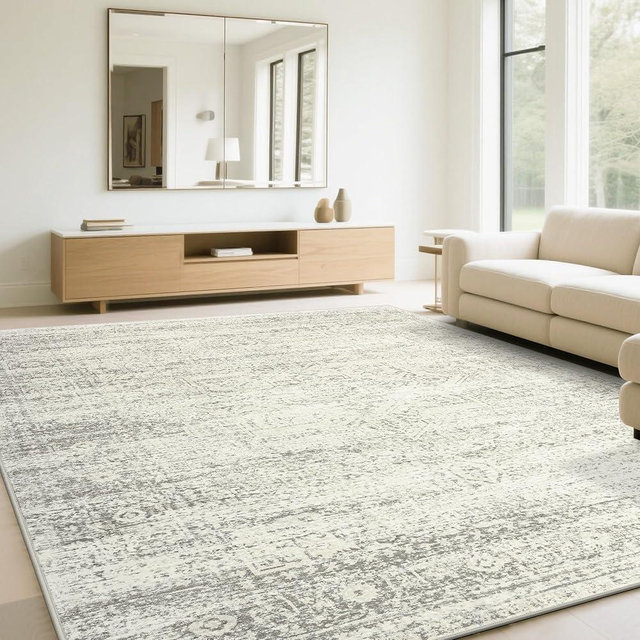 Srugn Washable Rugs 6x9 Area Rugs for Living Room,Bedroom,Dining Room- Large Ultra Soft Faux Wool Retro Carpets,Non Slip&Non-Shedding Low Pile Vintage Print Rug for Home Office Decor-Beige