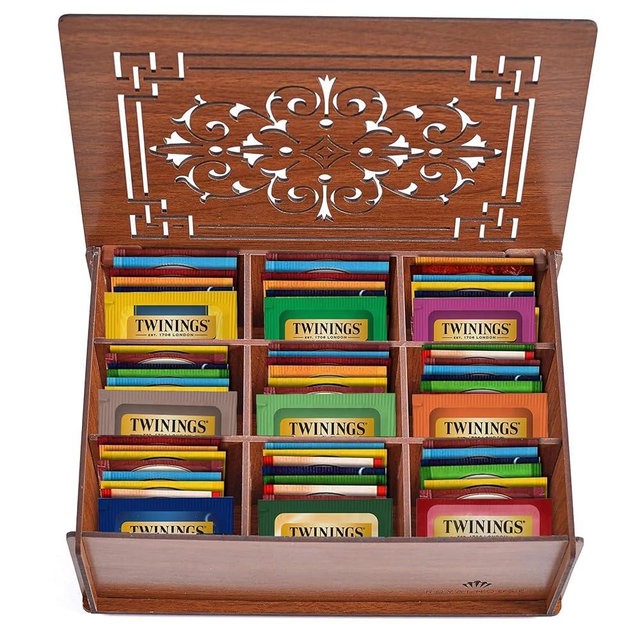 Twinings Tea Sampler Collection – 80 Tea Bags, 22 Flavours/Assorted Tea, Gift Set in Decorative MDF Box – Wooden Organizer Tea Chest Included – Ideal for Home, Office, Family & Friends (Brown MDF Box)