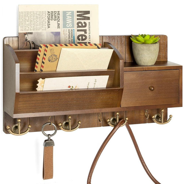 Key Holder Wall Mount with Mail Sorter - Modern Farmhouse Key and Mail Organizer with Hooks and Mini Drawer for Home Decor - Rustic Apartment Essentials for Home Improvement (Brown & Golden Hooks)