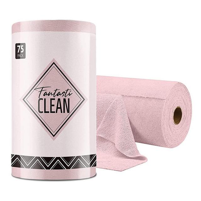 Fantasticlean Microfiber on a Roll Tear Away Cleaning Towels, Reusable and Washable Cloths, for Car, House, Garage or Kitchen, 12" x 12", 75 Pack (Pink)
