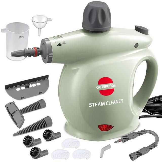 Outspurge Handheld Steam Cleaner, Pressurized Multi-Surface Steam Shot with 11 Accessories, Safety Lock, Steamer for Cleaning Floor, Upholstery, Grout, Windows, Couch and Car, Green