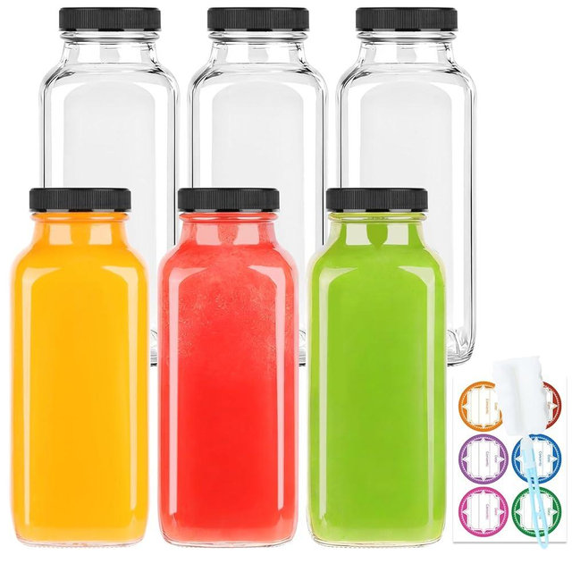 GUANENA 6 Pack Glass Drink Bottles, 12 OZ Vintage Square Water Bottles with Lids, Juice Bottles Beverages Containers for Milk, Kombucha, Smoothies