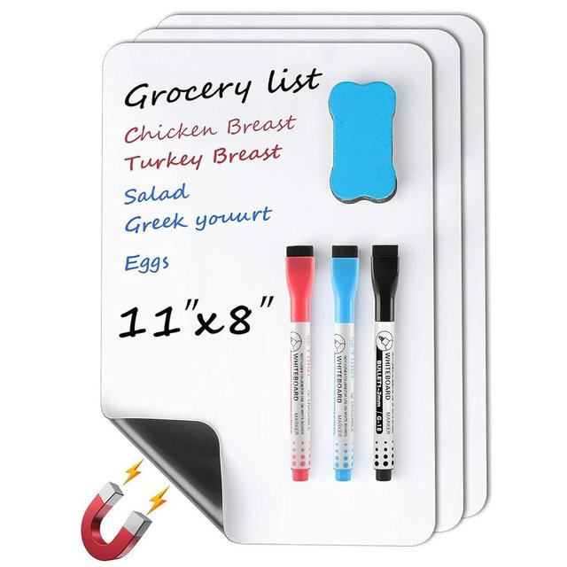 MaxGear Magnetic Whiteboard for Fridge 3 Pack, Small Magnetic Dry Erase Board Fridge Whiteboard for Kitchen, 11"x8" White Board Organizer Planner with Stain Resistant Technology, 1 Eraser, 3 Markers