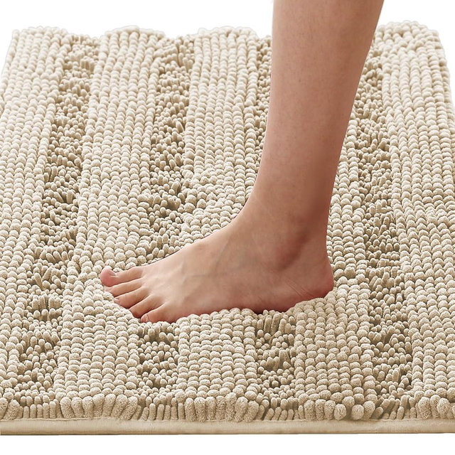 H.VERSAILTEX Bath Mats for Bathroom Non Slip Thick Chenille Striped Bath Rug Absorbent Fluffy Soft Shaggy Rugs Washable Dry Fast Plush Mats for Indoor, Bath Room, Tub - 17" x 24", Fog