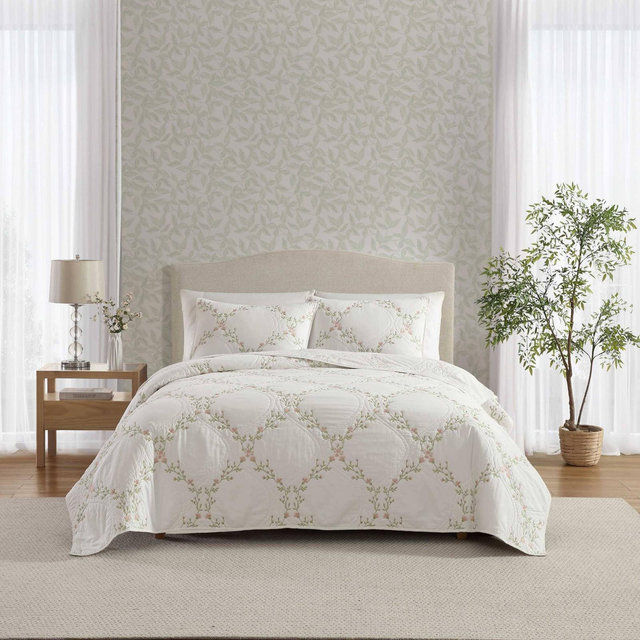 Laura Ashley 3pc Full/Queen Floral Embroidery Quilt Bedding Set Pink