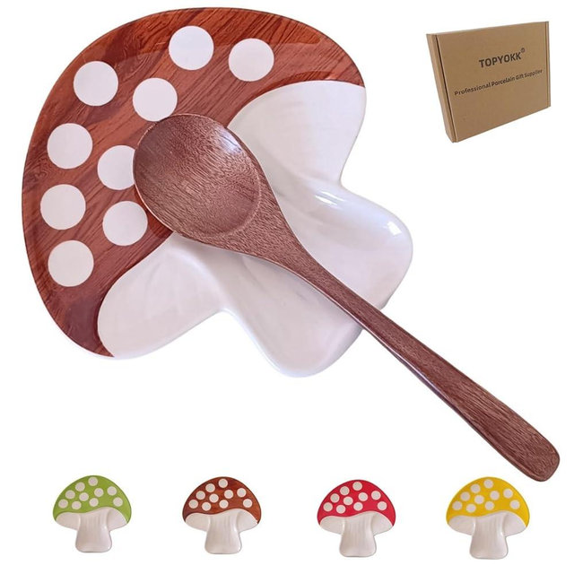 Cute Ceramic Spoon Rest & Holder for Stove Top, Mushroom Shaped Coffee & kitchen Spoon Rest & Holder for Kitchen Counter, Stove & Cooking Spoon Holder Ladle Utensil Spatula Tong Rest (Rustic Brown)