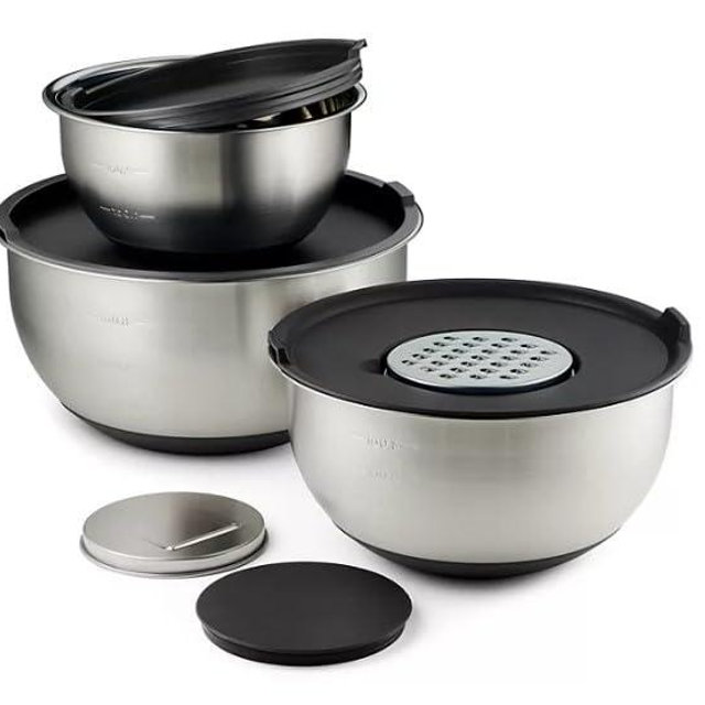 Tramontina 8 Piece Stainless Steel Mixing Bowl and Grater Set with Lids (Black)