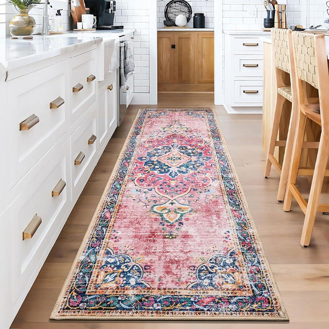 YesRug 2x8 Runner Rug Pink Boho Area Rug for Hallway Entryway Kitchen Laundry Room Bathroom Bedroom Non Slip Blush Vintage Rug Indoor Lightweight Carpet