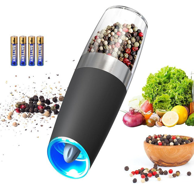 CIRCLE JOY Gravity Electric Pepper Grinder Salt Grinder Pepper Griner Mill Electric with LED Light, Battery Operated, Adjustable Coarseness, Washable 135ml Container, 1 Pcs