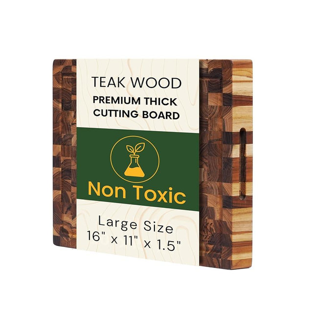 Teak Wood End Grain Cutting Board 16 x 11 Inch, Extra Thick 1.5 Inch Butcher Block for Meat & Kitchen Prep, Solid Non-toxic Wood Cutting Board with Juice Groove by New M Way