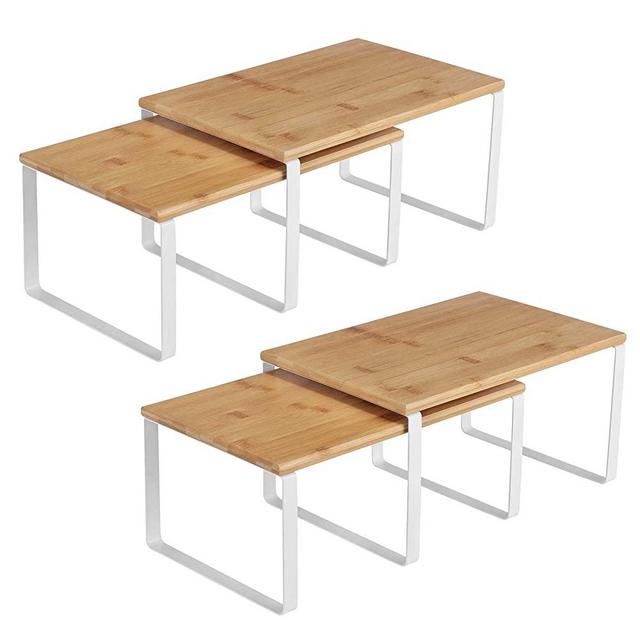 SONGMICS Cabinet Shelf Organizers, Set of 4 Kitchen Counter Shelves, Stackable, Expandable Spice Racks, Metal and Bamboo, White and Natural UKCS010N01