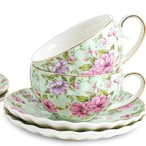 Agyiuns Tea Cup and Saucers, 6.4oz Floral Tea Cups with Gold Trim, Porcelain Teacup, Coffee Cappuccino Espresso Latte Mugs for Party Birthday,Party Cafe Home, Christmas Gift (Green)