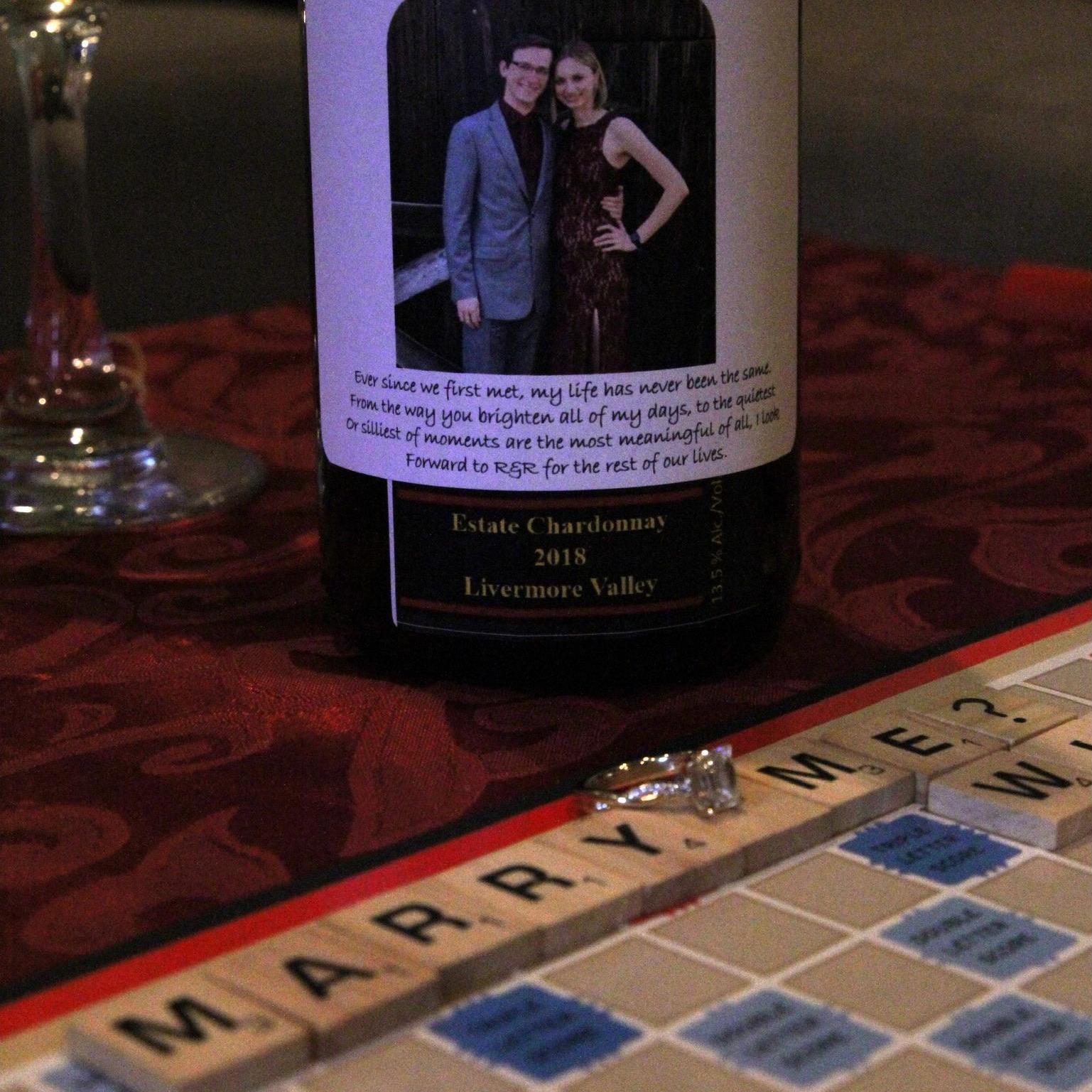 Part of our engagement Scrabble board and the wine to go along with it