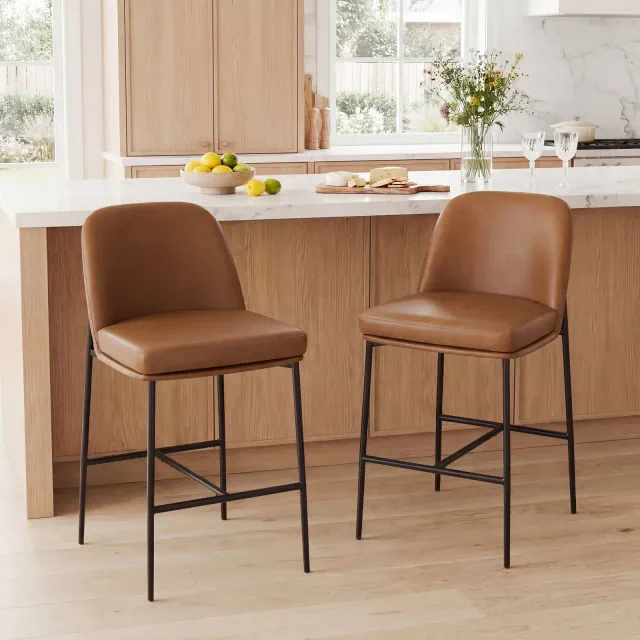 Set of 2 Modern Counter Height Counter Stool for Kitchen Island & Dining - Breathable Fabric & Metal Frame, Brown