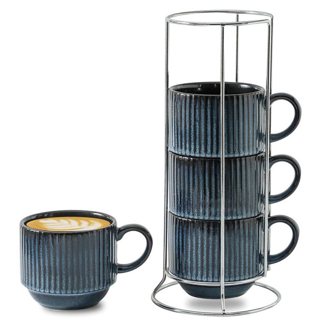 Hasense Coffee Cups Set of 4 with Stand, 15 OZ Stackable Coffee Mugs with Handle for Tea, Cocoa, Cappuccino, Latte and Americano, Porcelain Vertical Stripe Coffee Cups for Men and Women, Navy