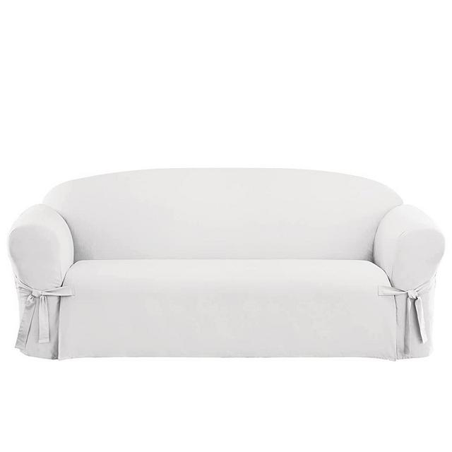 SURE FIT Duck Cotton Solid Sofa Slipcover (White Color) - One Piece Full Length Relaxed Sofa Cover with Corner Ties/Machine Washable/Perfect for Protecting Your Favorite Furniture