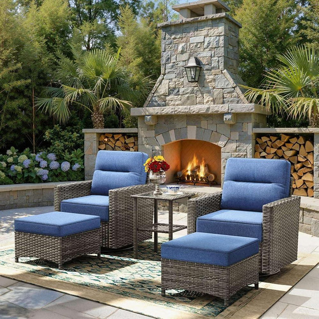 NUSBAY Luxury 5-Piece Patio Furniture Set with 6-Inch Thick Cushions, Outdoor Swivel Rocker Chairs Set, Wicker Conversation Set for Porch, Deck, Balcony, Yard in Blue