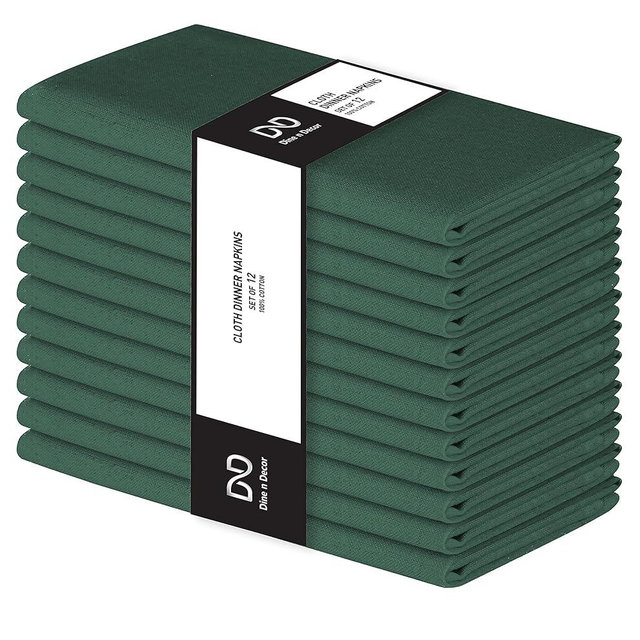 Dine n Decor Set of 12 Cloth Dinner Napkins 100% Cotton - Soft Durable Washable - Ideal for Farmhouse Party Weddings Christmas Easter- Perfect Everyday Use Table Linen Cloth Napkins Forest Green 17x17