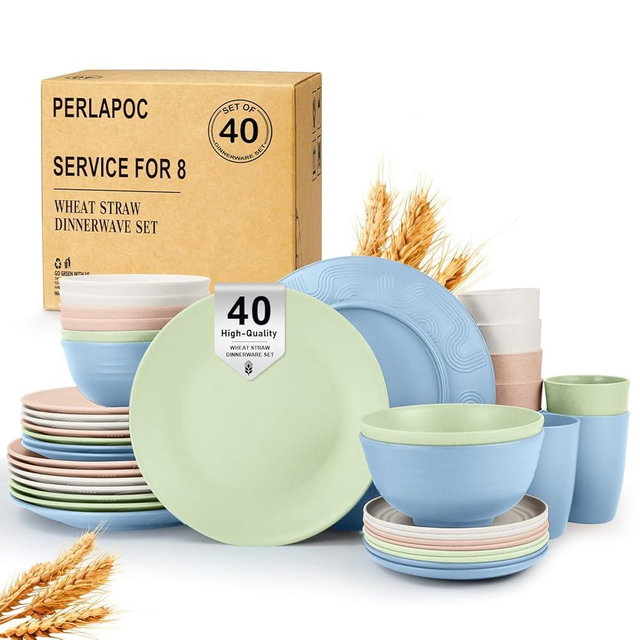 Perlapoc 40 PCS Wheat Straw Dinnerware Sets Unbreakable Dishes Set for 8 Plastic Plates and Bowls Sets with Cups Dishwasher & Microwave Safe - Colorful